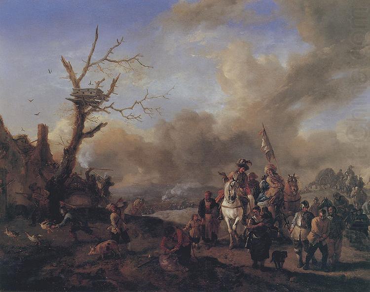 Philips Wouwerman Heranziehender Soldatentrob mit Marketenderinnen und Kindern, ein Bauerngehoft plundernd china oil painting image